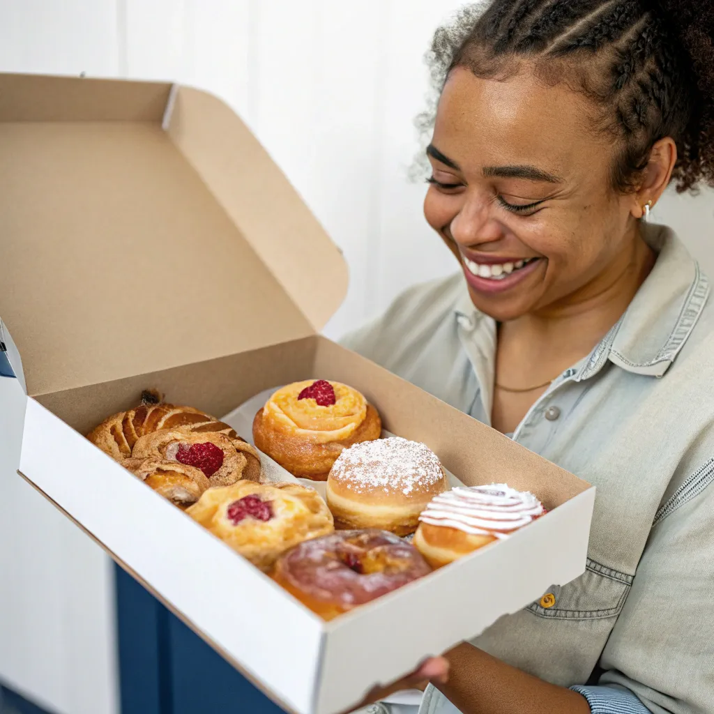Happy customer with a box of pastries