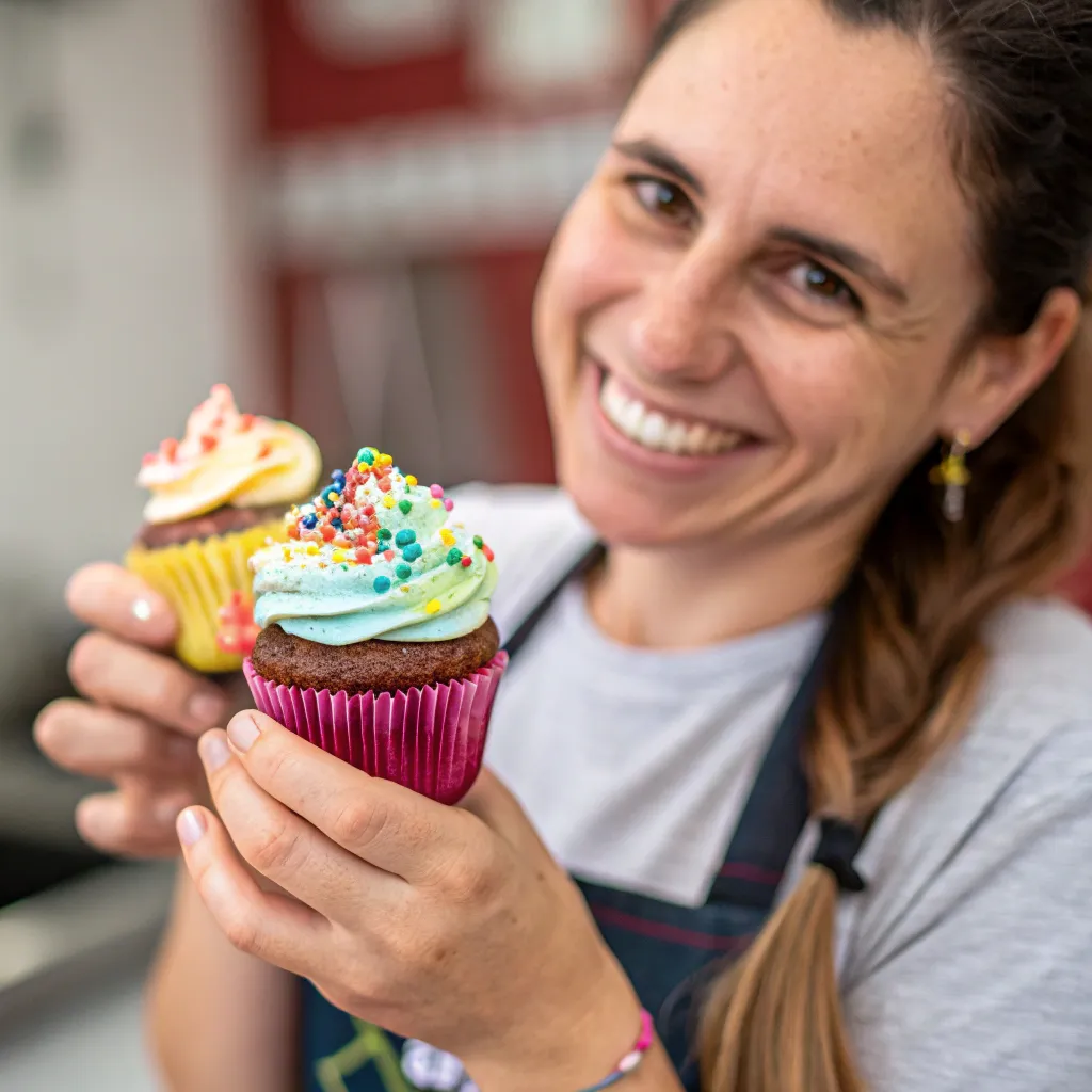 Smiling woman holding a cupcake